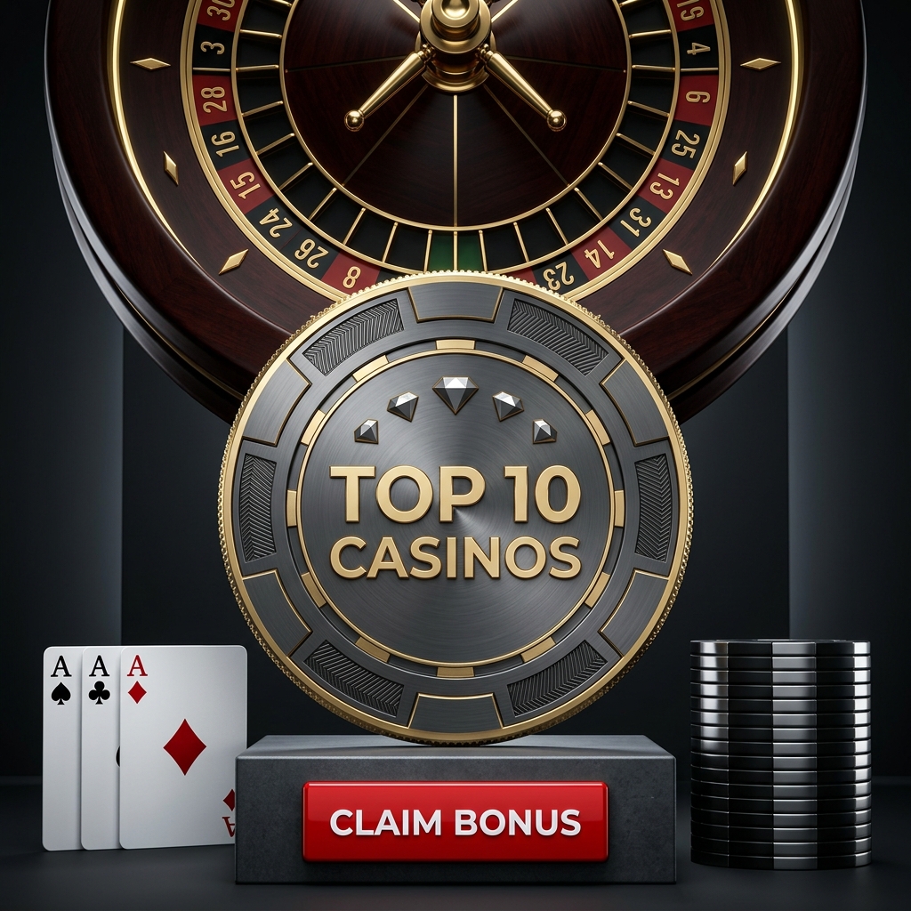 Top 10 Casinos promotional graphic with a gold-rimmed medallion, roulette wheel, three Aces, a stack of chips, and a red Claim Bonus button.